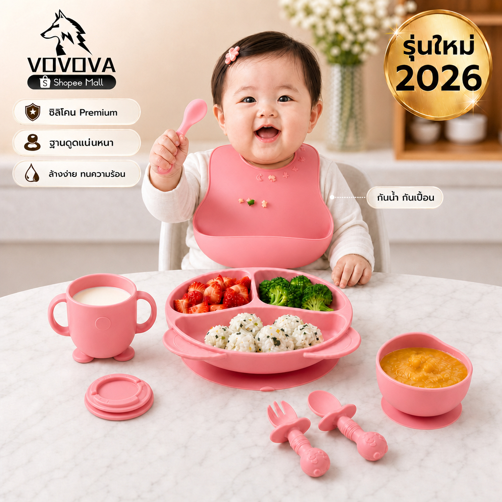 ชุดจานเด็ก ชุดกินข้าวเด็ก ชุดจานซิลิโคน 8 ชิ้น เด็ก 6 เดือน+ชามดูด+ฆ่าเชื้อได้+ช้อนส้อม จานหลุม