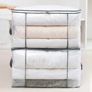 กระเป๋าเก็บผ้านวมใส PVC ถุงเก็บผ้าห่ม เสื้อผ้า เครื่องนอน กันน้ำ กันฝุ่น ซิปคู่ มีหูหิ้ว พับเก็บได้