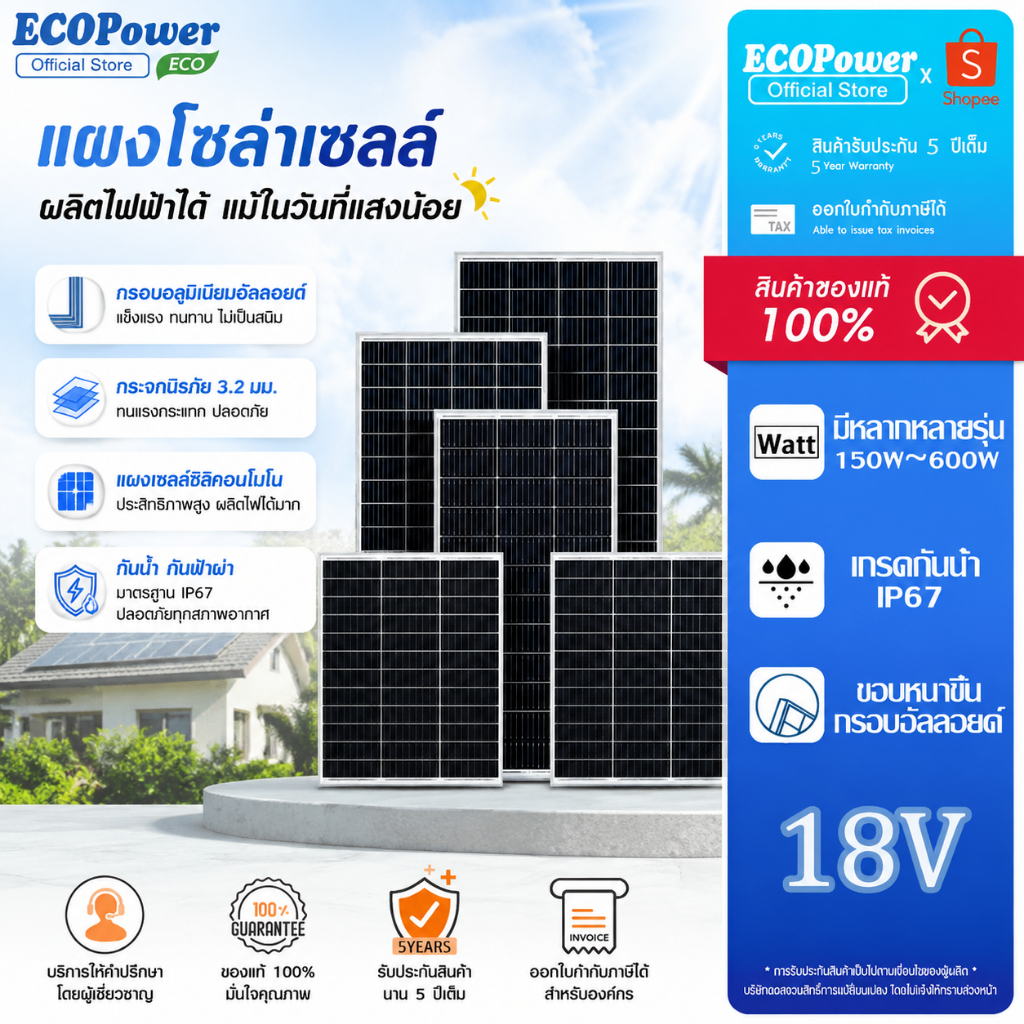 แผงโซล่าเซลล์ Solar Panel 18V150W200W300W400W500W โซล่าเซลล์ พลังงานแสงอาทิตย์ กันน้ำ กันฟ้าร้องฟ้