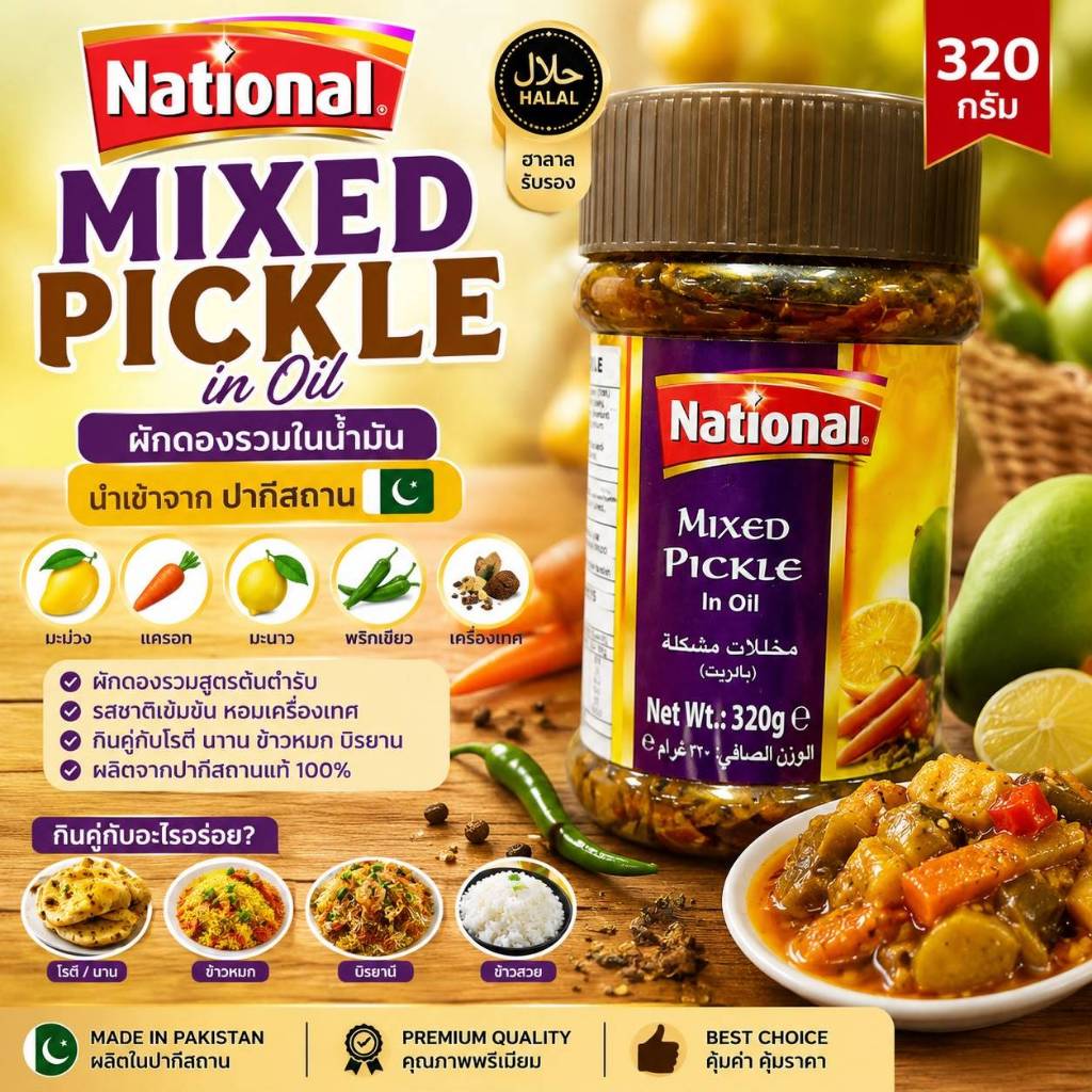 National Mixed Pickle in Oil 320g ผักดองรวมในน้ำมัน อาจาร์ปากีสถาน Pakistani Mixed Achaar Halal นำเข้าจากปากีสถาน