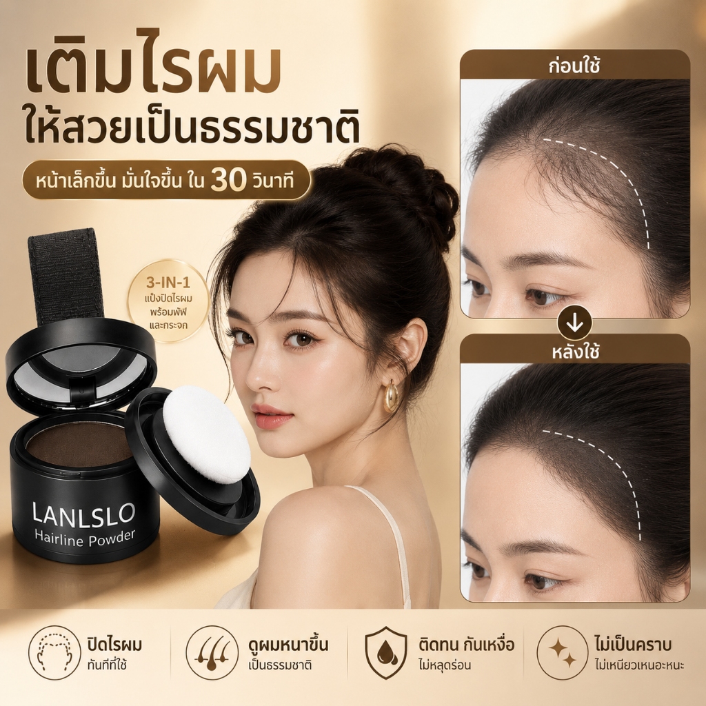 LANLSLO แป้งปิดเหม่ง ผงปิดผมขาวผมหงอก ผงปิดผมบางปิดผมร่วง เพิ่มผมหนา เขียนคิ้ว ไฮไลท์กรอบหน้าวี Hairline Fluffy Powder