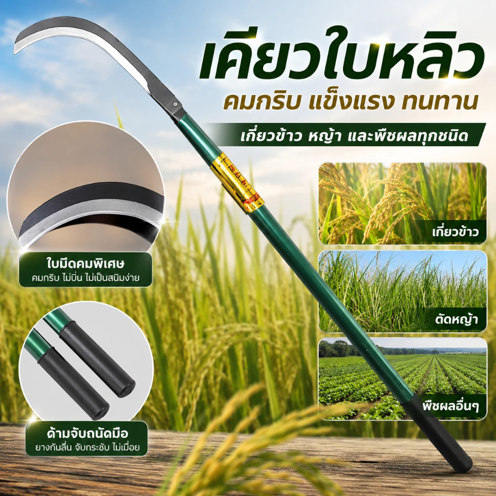 เคียวเกี่ยวข้าวอุปกรณ์ทำสวน เหล็กหนาแข็งแรงทนทาน ใบมีดคมสุด ด้ามจับกันลื่น ตัดหญ้าวัชพืช เก็บเกี่ยวข้าว สวนผักพืชไร่