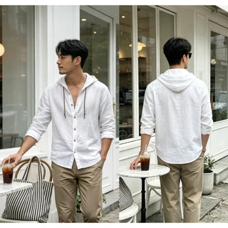 เสื้อเชิ้ตผู้ชาย linen shirt men แขนยาว เสื้อลําลองสีทึบสี ผ้าลินินนุ่ม ทรงหลวม สไตล์เกาหลี เสื้อฮูด ระบายอากาศได้
