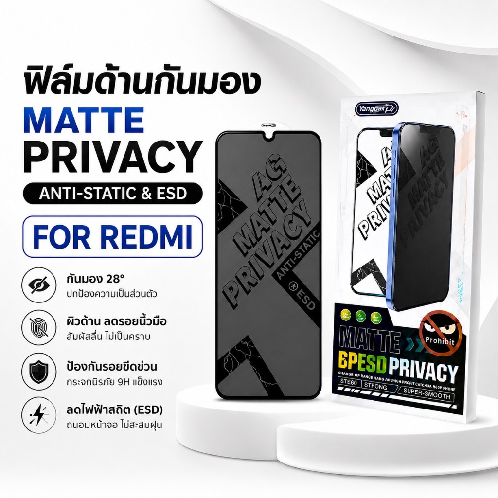 JC168 (030) ฟิล์มกระจกเต็มจอด้าน+กันมองสำหรับ  Redmi 10C/ Redmi Note 12pro/Redmi 12C/Redmi 12