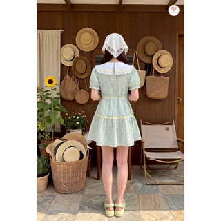 (มี3XL) สีเขียวมัจฉะ Bai Cha Dress เดรสสั้นผ้าคอตตอน ปกงานปักเดซี่ แขนตุ๊กตา ตัดต่อเส้นเทปงานปัก ซิปหลัง มีซับใน