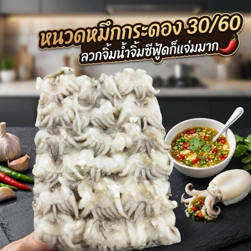 หัวหมึกกระดองกลม มี2ไซส์ ไซส์เล็ก30-60 และไซส์ใหญ่ 15-30 (น้ำหนักจะหายหลังละลาย)