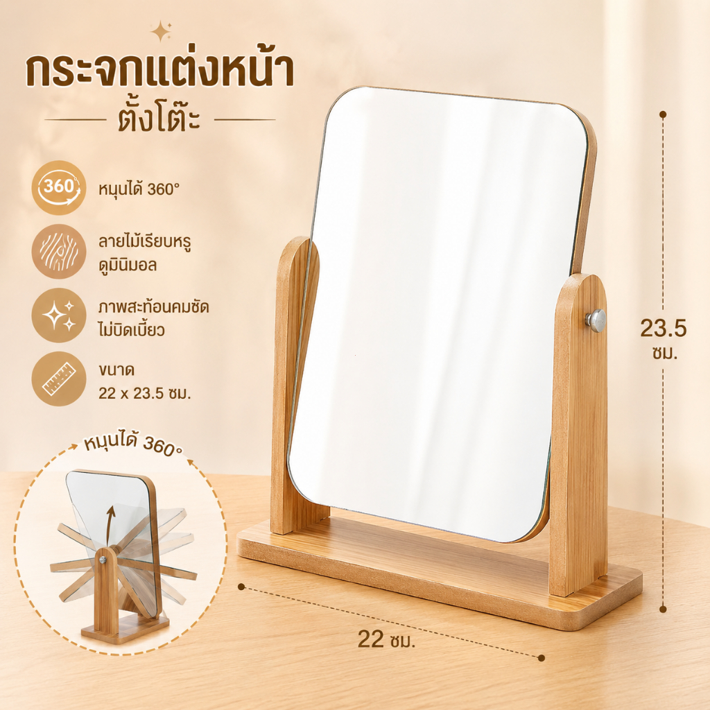 กระจกแต่งหน้าแบบตั้งโต๊ะ หมุนได้ 360° กระจกใสไม่บิดเบือน ฐานลายไม้ ขนาด 22×23.5 ซม.