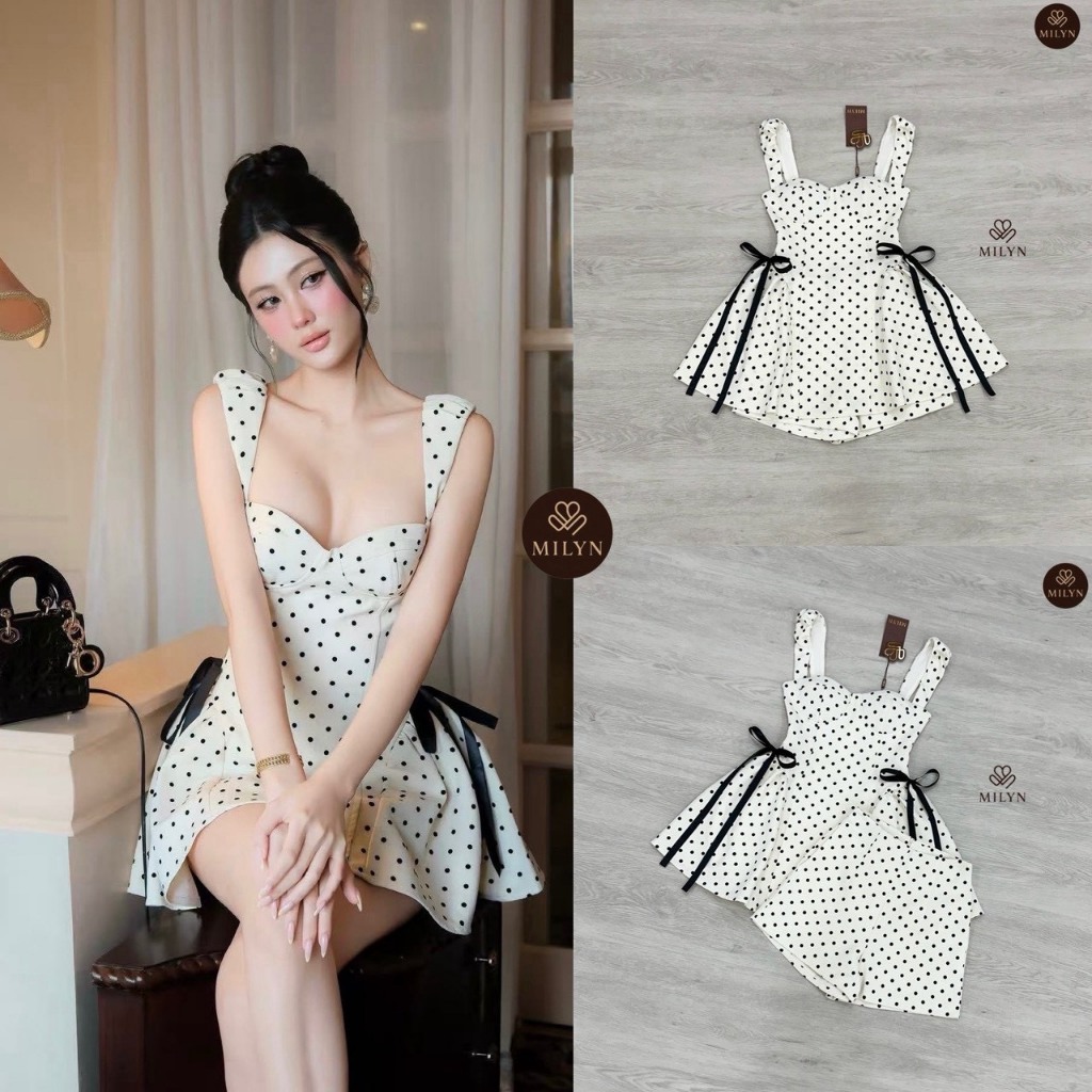 MILYN Setเสื้อโทนครีม ลาย Polka Dot สีดำ+กางเกงขาสั้น รูปที่ 8