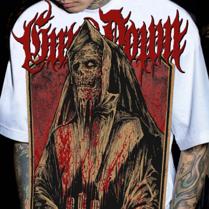 เสื้อยืดสีขาวคอฟิต Gunsdown® | Rise in Darkness