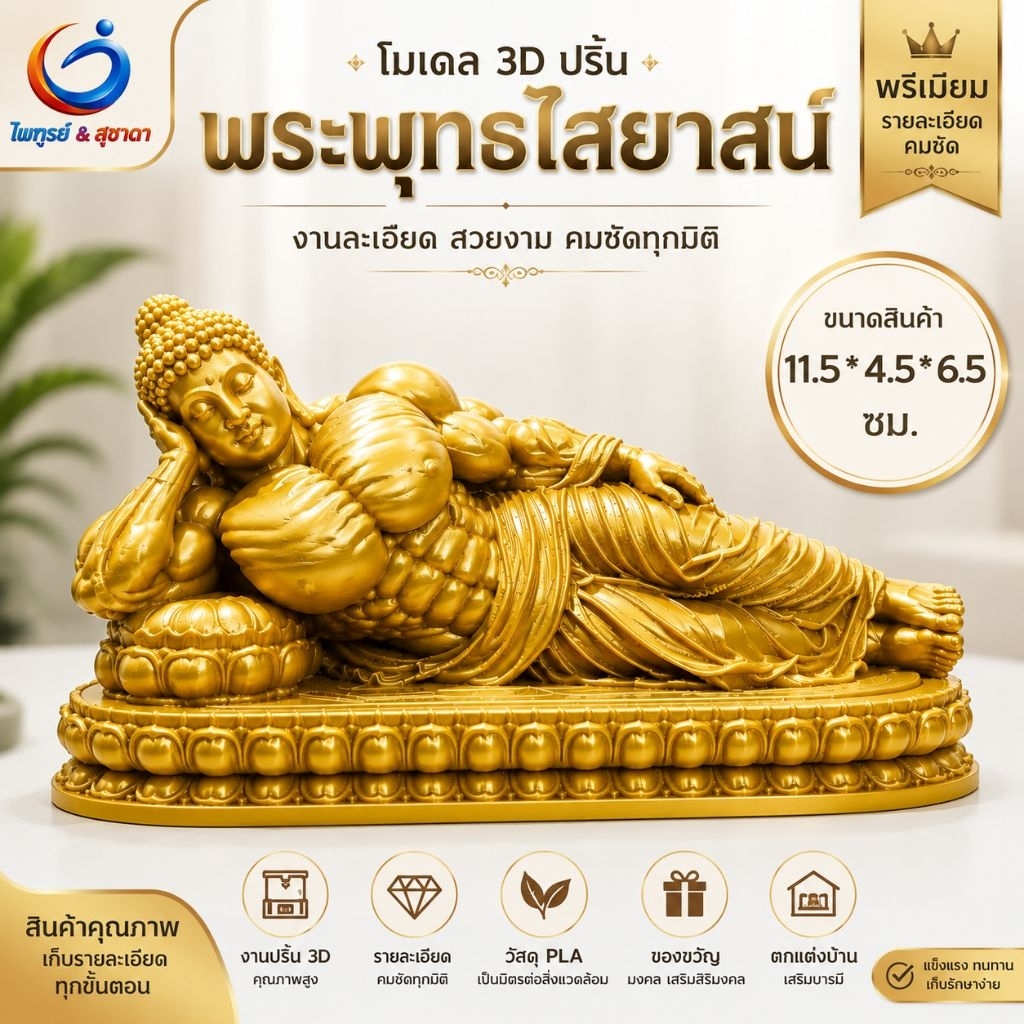 โมเดลพระพุทธไสยาสน์ (พระนอน) นักกล้ามสายฟิตเนส 3D Print  Art Toy กล้ามบึกบึน วัสดุ PLA ขนาด 11.5 × 4.5 × 6.5 ซม. ของขวัญ