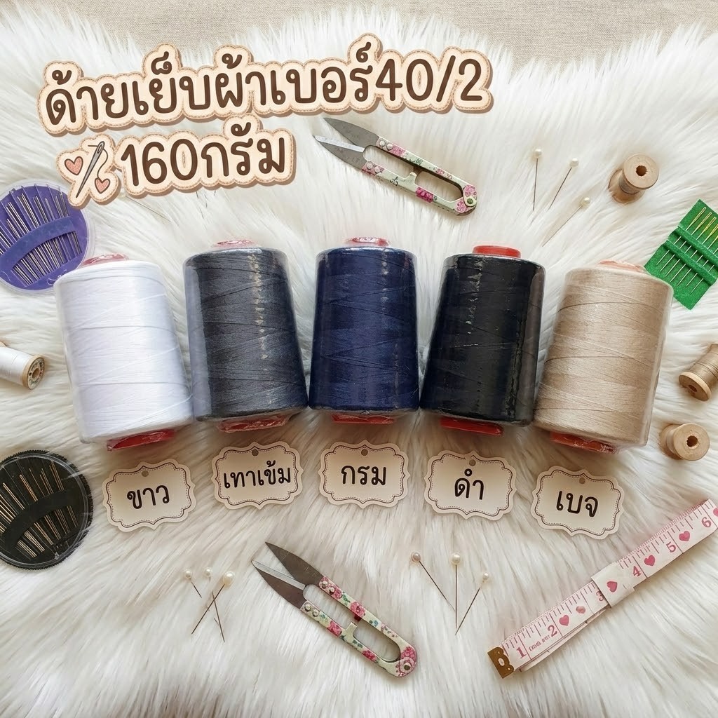 ด้ายเย็บผ้าเบอร์40/2 160กรัม เส้นด้ายคุณภาพดี พร้อมส่งทุกสี ส่งฟรี