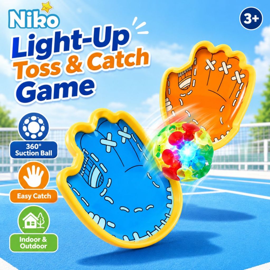 NIKO เซ็ตไม้รับลูกบอลจุ๊บสูญญากาศ ของเล่นกีฬาเด็ก ลูกบอลมีไฟเด้งนุ่ม เล่นโยนรับ ฝึกปฏิกิริยาและสมาธิ เหมาะสำหรับเด็ก