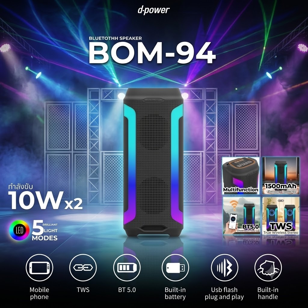 d-power BOM-94 ลำโพงบลูทูธ Brilliant Light 20W RGB 4 แถบสี TWS แบต1500mAh