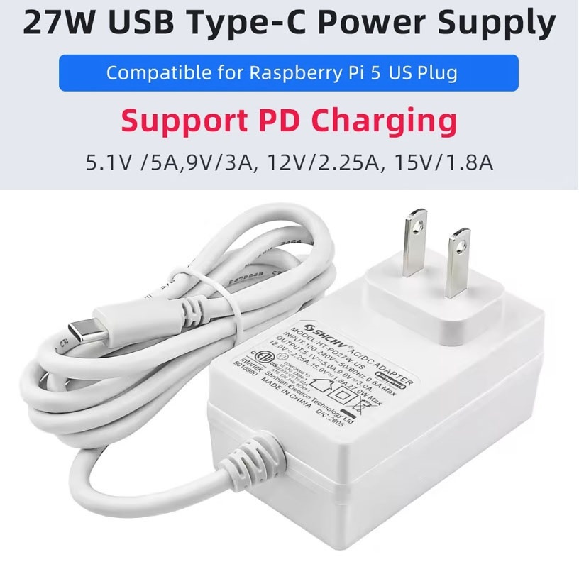 5.1V 5A Power Supply PD 27W USB Type C Charger US Plug Power Adapter for Raspberry Pi 5 / 4B RPI 5