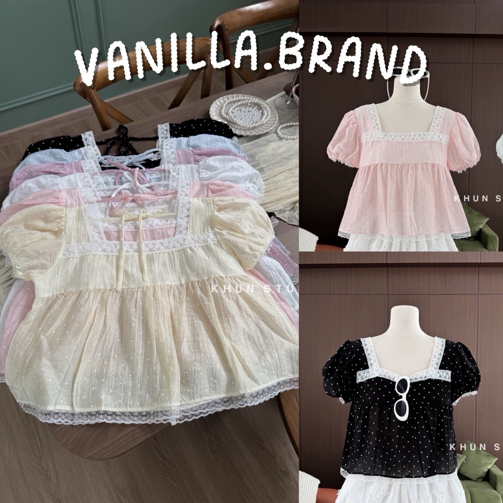 เสื้อแขนพอง คอเหลี่ยม แต่งลูกไม้ -kn / VB0327