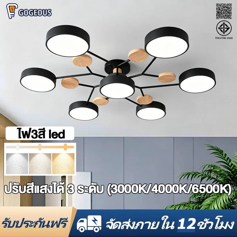 GOGEOUS โคมไฟเพดาน LED ไฟ3สี ขาวสว่าง/แสงธรรมชาติ/แสงอุ่น ไฟติดเพดาน ไฟห้องนอน ห้องนั่งเล่น ห้องทำงาน