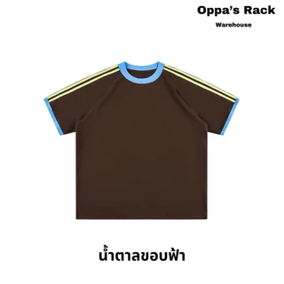 เสื้อยืดแขนแถบ Premium Cotton (สีฟ้าขอบน้ำตาล/สีชมพูขอบฟ้า/สีน้ำตาลขอบฟ้า/สีขาวขอบดำ)