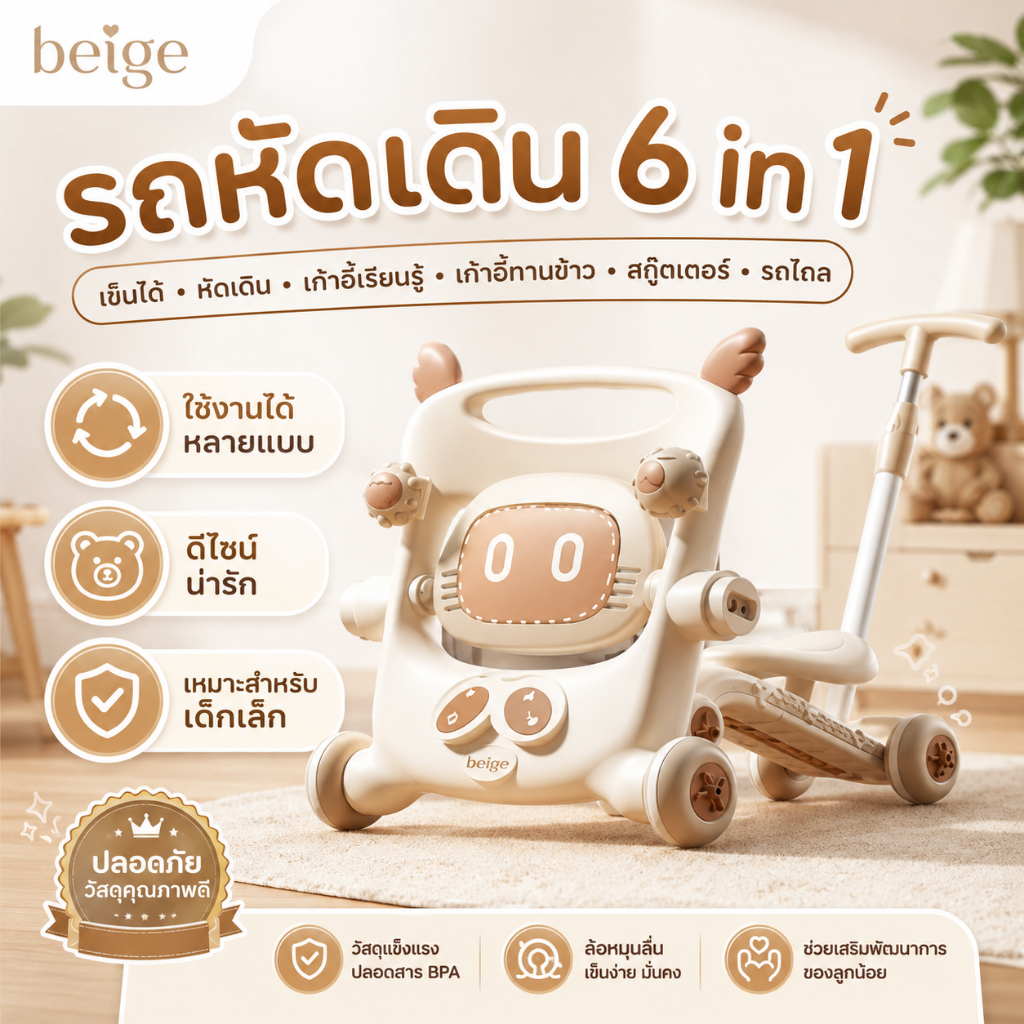 Beige รถหัดเดินเด็ก 6in1 รถเข็นหัดเดิน เก้าอี้กินข้าว สกู๊ตเตอร์ รถไถ ปรับได้ ของเล่นเสริมพัฒนาการ