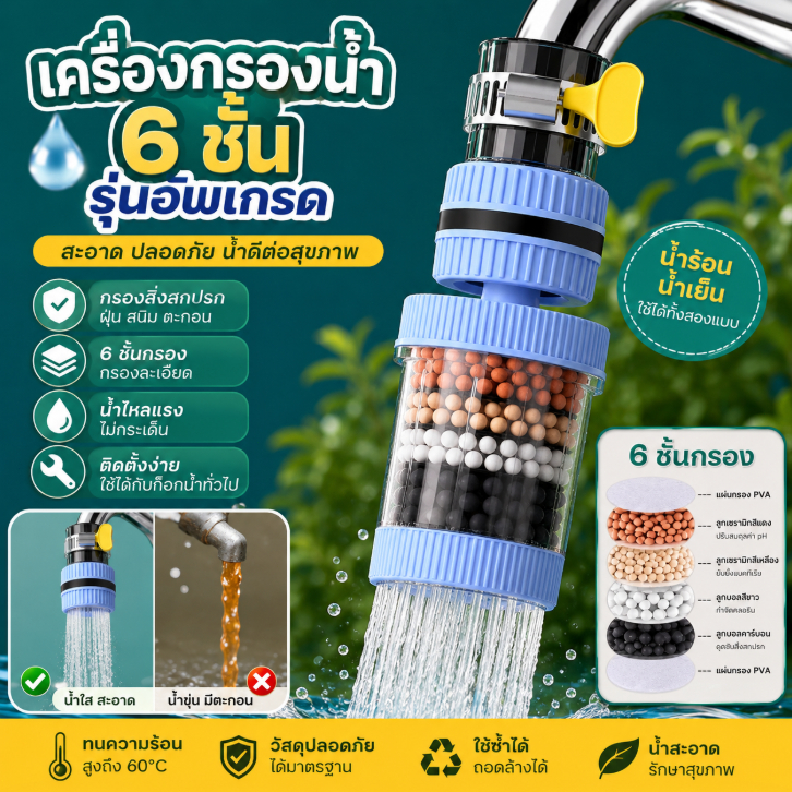 เครื่องกรองน้ำแบบก๊อกน้ำในครัวเรือน อินเทอร์เฟซหมุนได้ 360° สากล การกรอง 6 ชั้น คุณภาพน้ำที่ใสขึ้น การกรองน้ำประปา วัสดุ