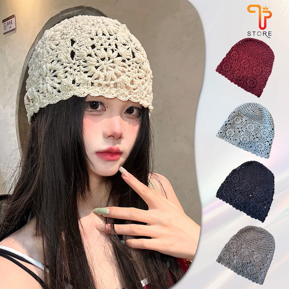 หมวกคลุมผมลายดอกไม้สไตล์เกาหลีวินเทจแบบถักโครเชต์ ฉลุลายโปร่ง /T Store
