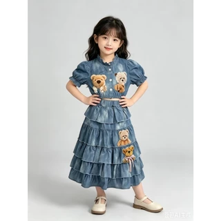 MC355 ชุดกระโปรงกางเกง 2 ชิ้นเซตเด็กผู้หญิง ผ้าฝ้ายระบายอากาศ เสื้อสั้นโชว์เอว ลายตุ๊กตาหมี น่ารักใส่ประจำวัน