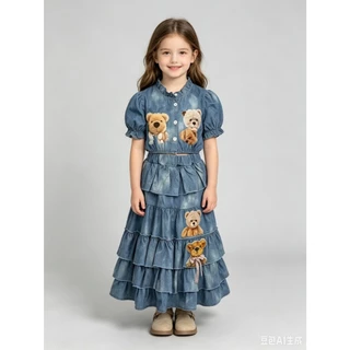 BB355 เซตเสื้อพัฟแขนครอป+กระโปรงกางเกงหลายชั้น ผ้านุ่มเด็กผู้หญิง ตกแต่งตุ๊กตาหมี ชุดฤดูร้อน