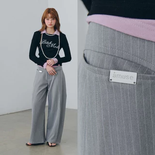 AMUSE BKK - Taggy High waist กางเกงขายาวติดแท๊ก ทรงกระบอกใหญ่เอวสูง ผ้าทวิลทรงสวย