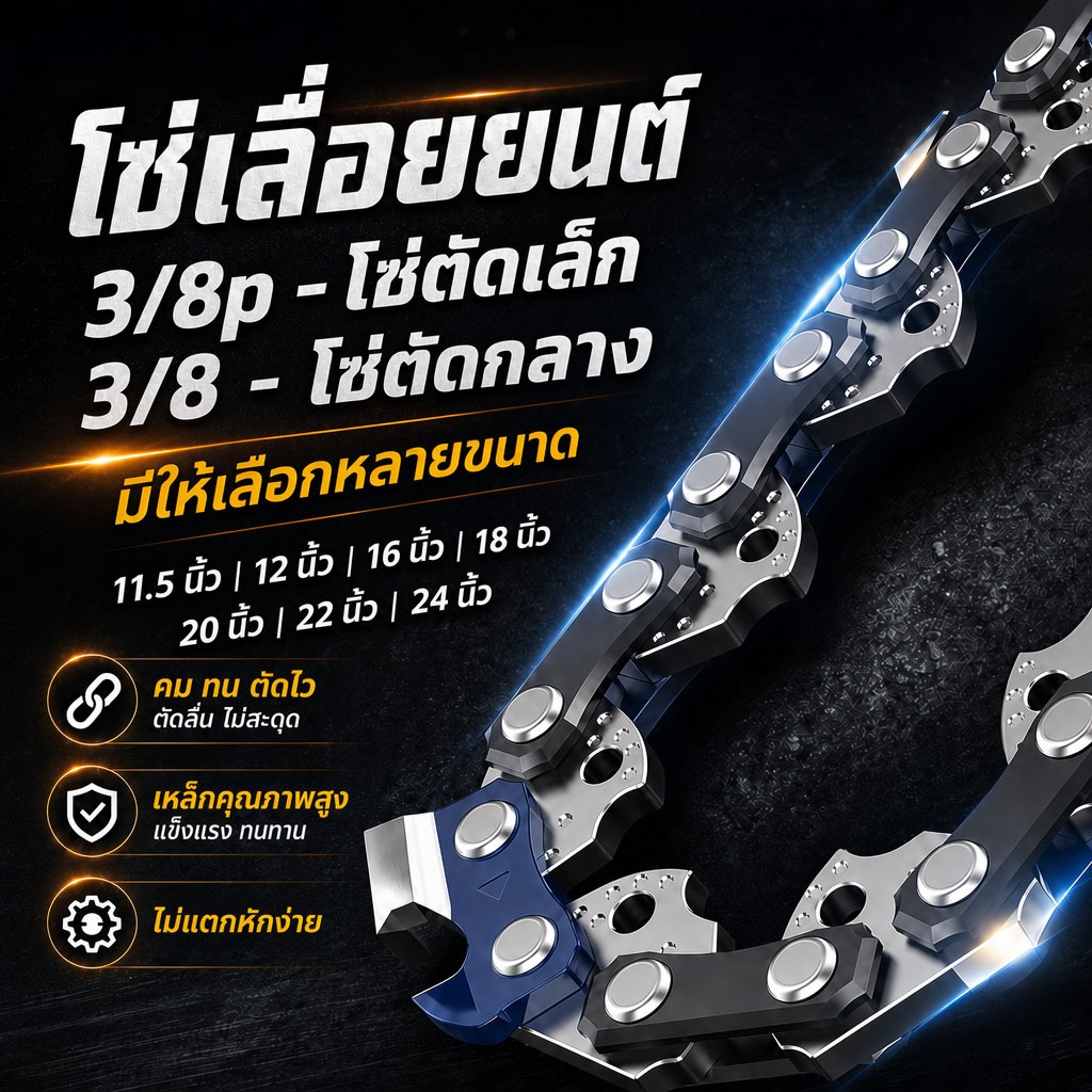 โซ่เลื่อยยนต์ 11.5/12/16/18/20/22/24นิ้ว(3/8 3/8P)คมทนตัดไว ตัดลื่น ไม่สะดุด เหล็กคุณภาพสูง แข็งแรงทนทาน ไม่แตกหักง่าย