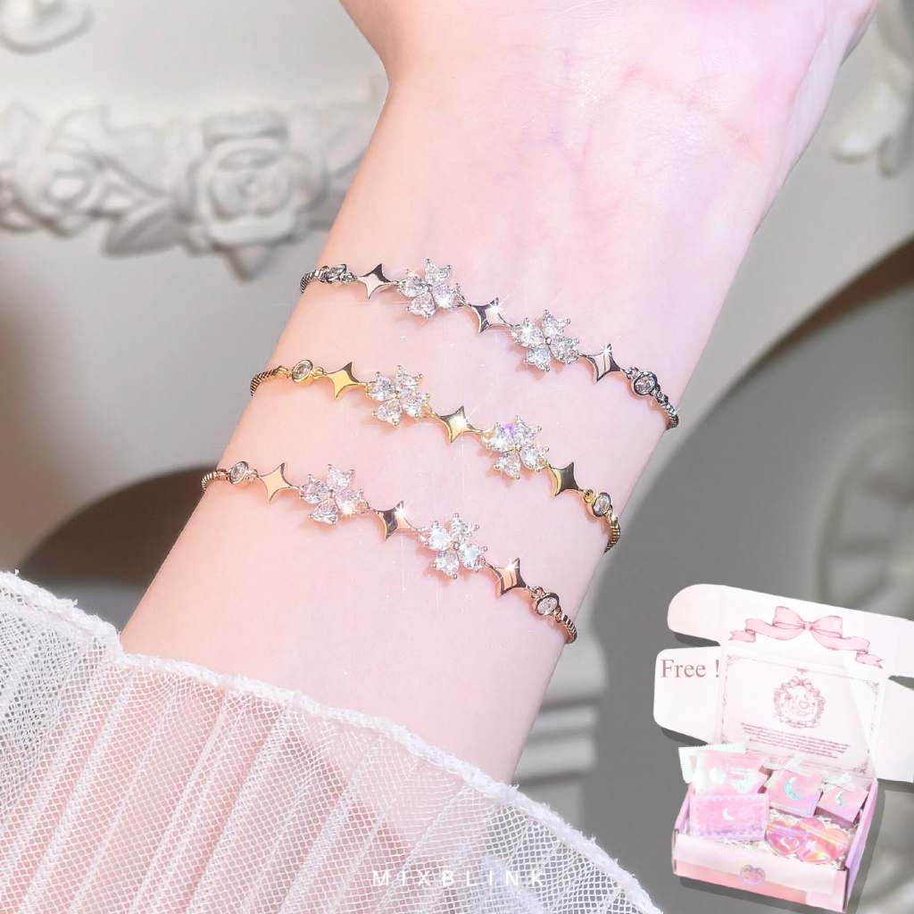 สร้อยข้อมือ ทองเหลืองชุบหนาพิเศษ ♡ รุ่น LuckyWink ♡ - ( #H16 ) จี้ใบโคลเวอร์ ลัคกี้ โชคดี นำโชค เพชร cz MixBlink
