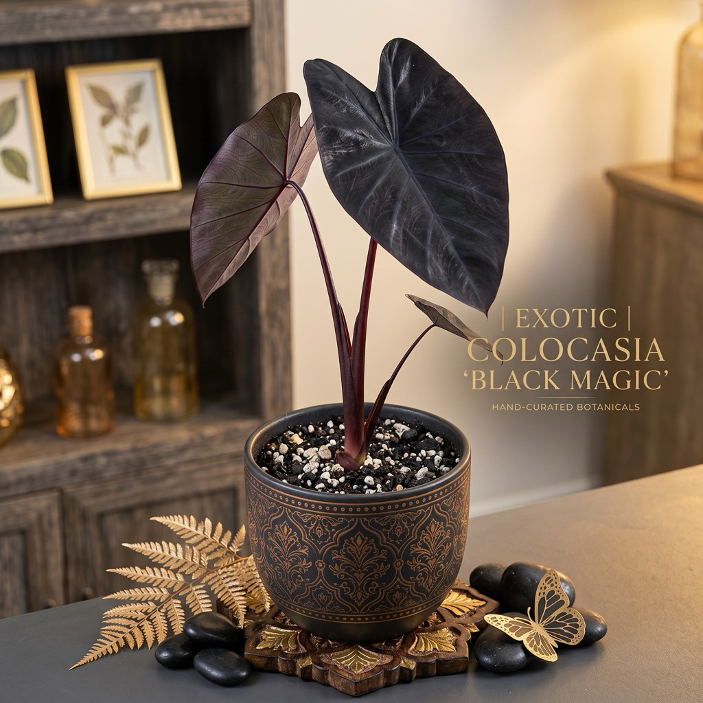 บอนดำ แบล็คเมจิก กระถาง 6 นิ้ว สูง 20-30ซม. Colocasia Black Magic pot 6” 20-30 cm
