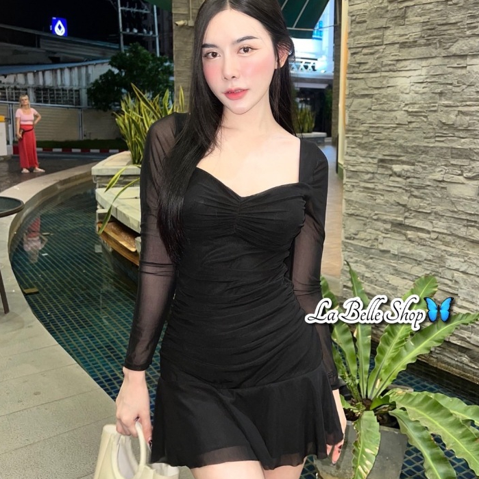 2bell เดรสแขนยาวผ้าซีทรูมีซับในจับจีบย่นหน้าอกและช่วงข้าง(lb62)