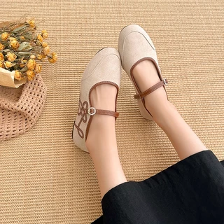 รองเท้าคัทชูสไตล์วินเทจผิวหนังกลับนุ่ม ดีไซน์ขอบตัดสีคอนทราสต์ เหมาะใส่ไปเที่ยวประจำวัน 3991
