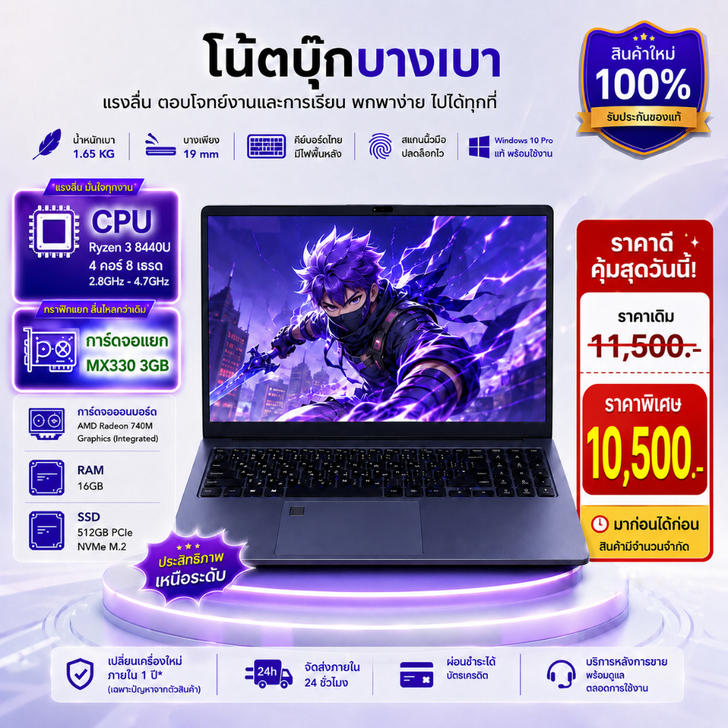 ใหม่ 2026 โน๊ตบุ๊ค 15.6 นิ้ว RAM 16GB SSD 512GB หน้าจอความคมชัดสูงคีย์บอร์ดภาษาไทย รองรับสแกนนิ้ว สามารถใช้สำหรับเกม งาน