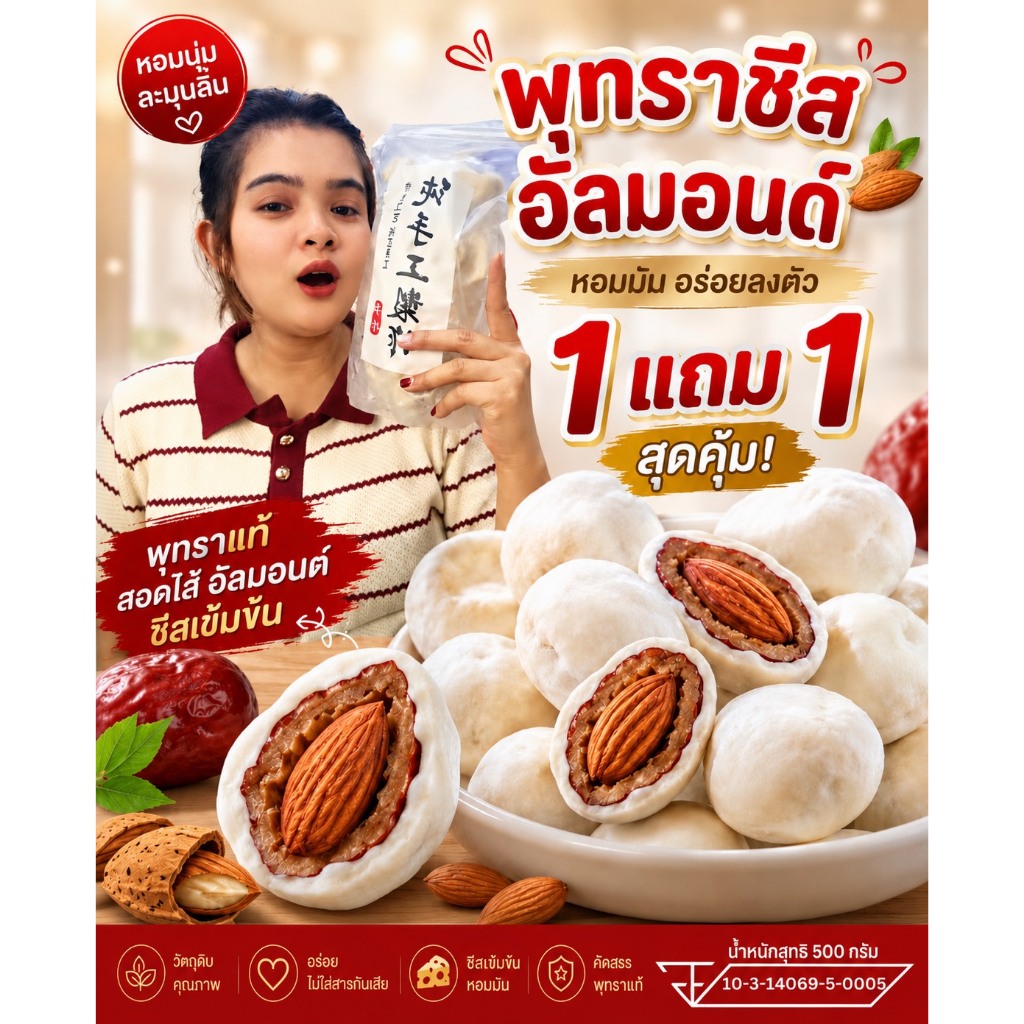 พุทราชีสนมไส้อัลมอนด์ บรรจุถุงละ 500 กรัม