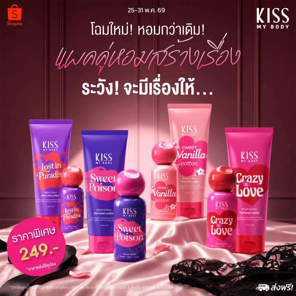 [แพคเกจใหม่ 1 แถม 1] Kiss My Body น้ำหอม EDT ขนาด 80ml แถมฟรี โลชั่นน้ำหอม ขนาด 200g (มีให้เลือก 4 กลิ่น)