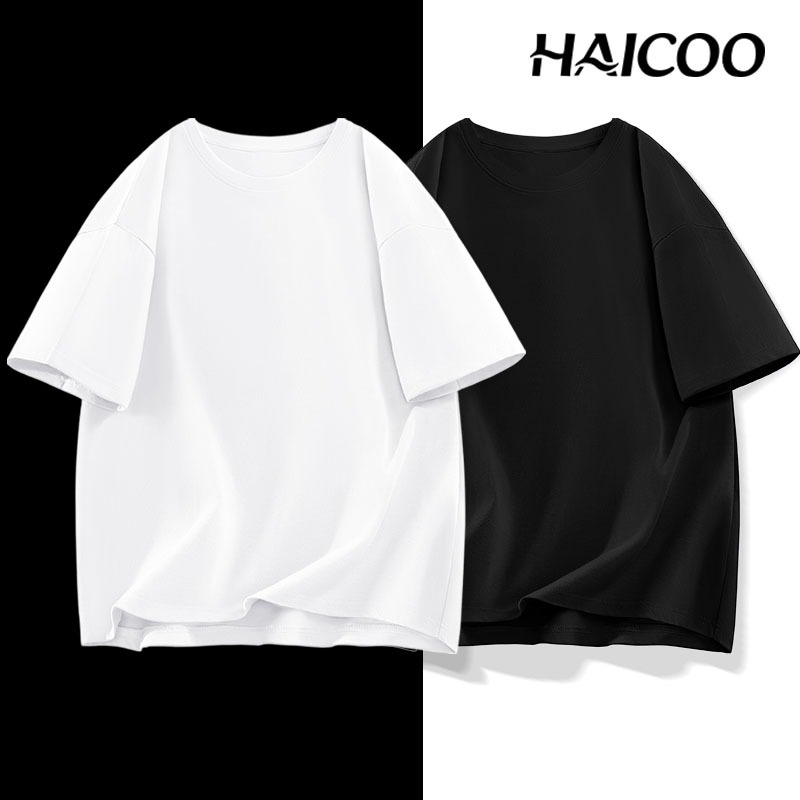 HAICOO เสื้อยืดคอกลม ผ้าคอตตอน 100% หนา 220 กรัม ไม่บาง ทรงสวย ไม่หด S-4XL