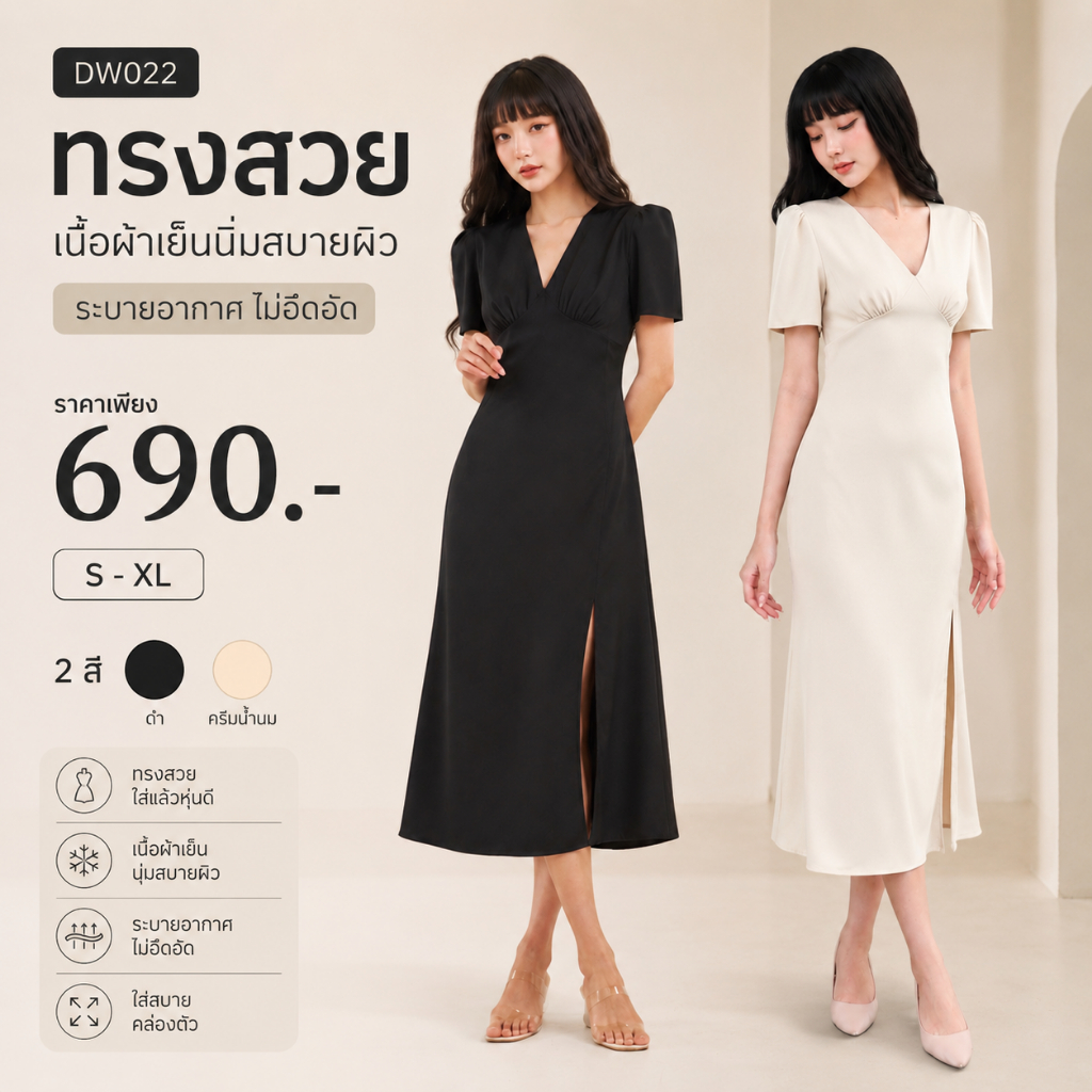 DW022# สีดำพร้อมส่งค่ะ มิดี้เดรสแขนสั้นจีบไหล่ กระโปรงบาน ชุดทำงานใส่สบาย ชุดทำงานผู้หญิง แฟชั่นสาวออฟฟิศ