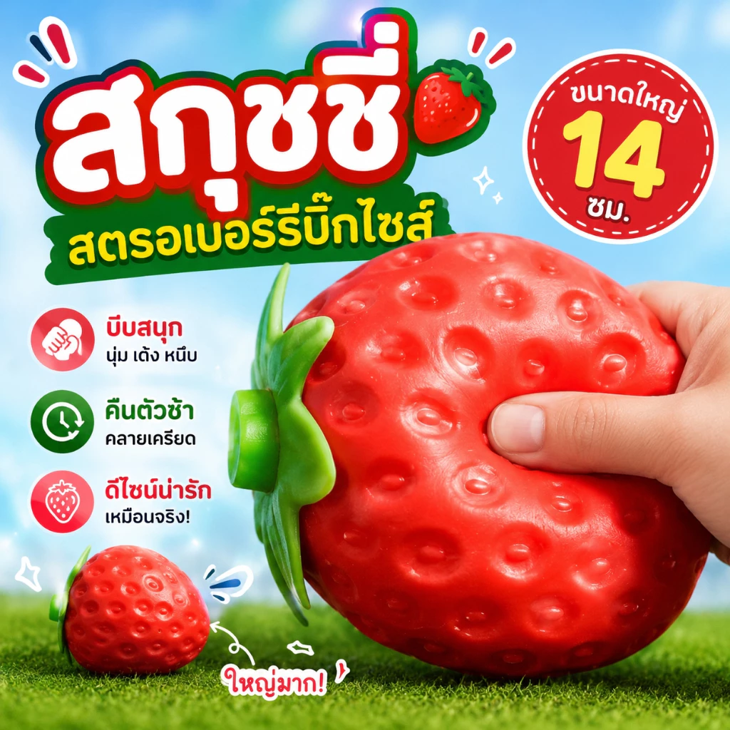 สกุชชี่สตรอว์เบอร์รี่ยักษ์ 14 ซม. บีบคลายเครียด นุ่มเด้ง คืนตัวช้า ของเล่น Squishy ผลไม้เหมือนจริง