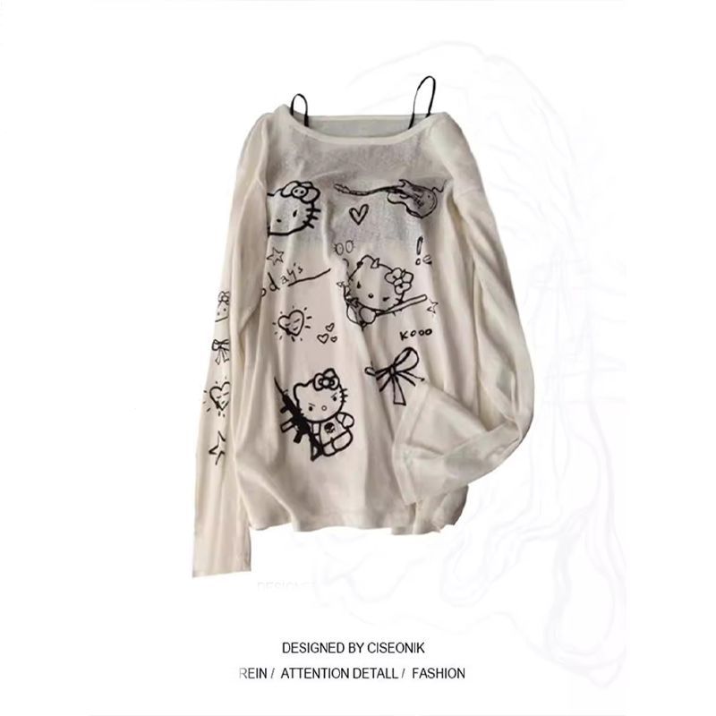 เสื้อยืดแขนยาวผู้หญิง ผ้าโปร่งบางเบา ลายแมวน่ารัก ทรงหลวม ใส่สบาย กันแดด