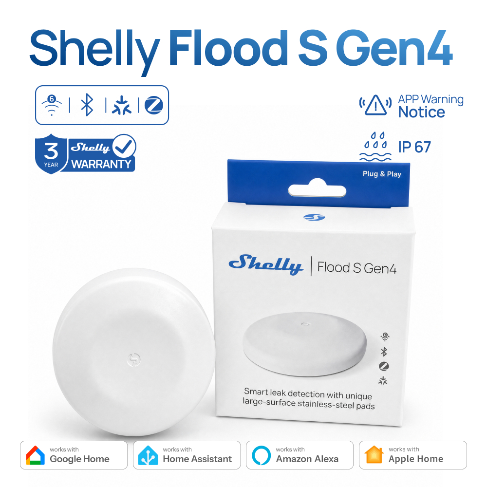 Shelly Flood S Gen4 Smart Water Leak Sensor WiFi Matter Zigbee Bluetooth เซ็นเซอร์ตรวจจับน้ำรั่ว รองรับ Home Assistant