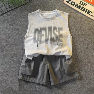 BEAR BABY ชุดเด็กผู้ชายสไตล์เกาหลี เสื้อกล้าม+กางเกงขาสั้น ลายอักษรแฟชั่น เนื้อผ้านุ่ม เย็นสบาย ไซส์90-150