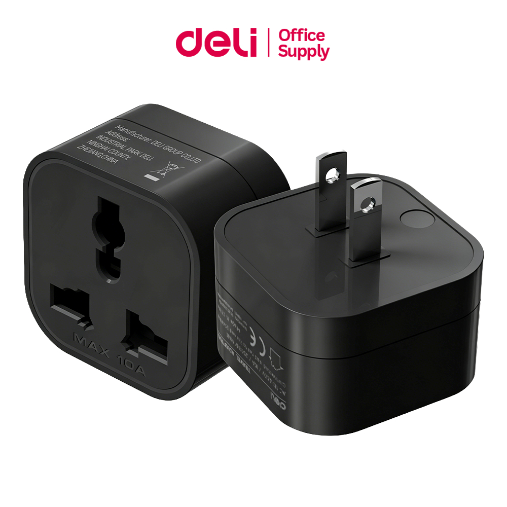 Deli ปลั๊กแปลงสากล อะแดปเตอร์พกพา ปลั๊กแปลงขาแบน 2500W สีดำ US-Universal Adapter