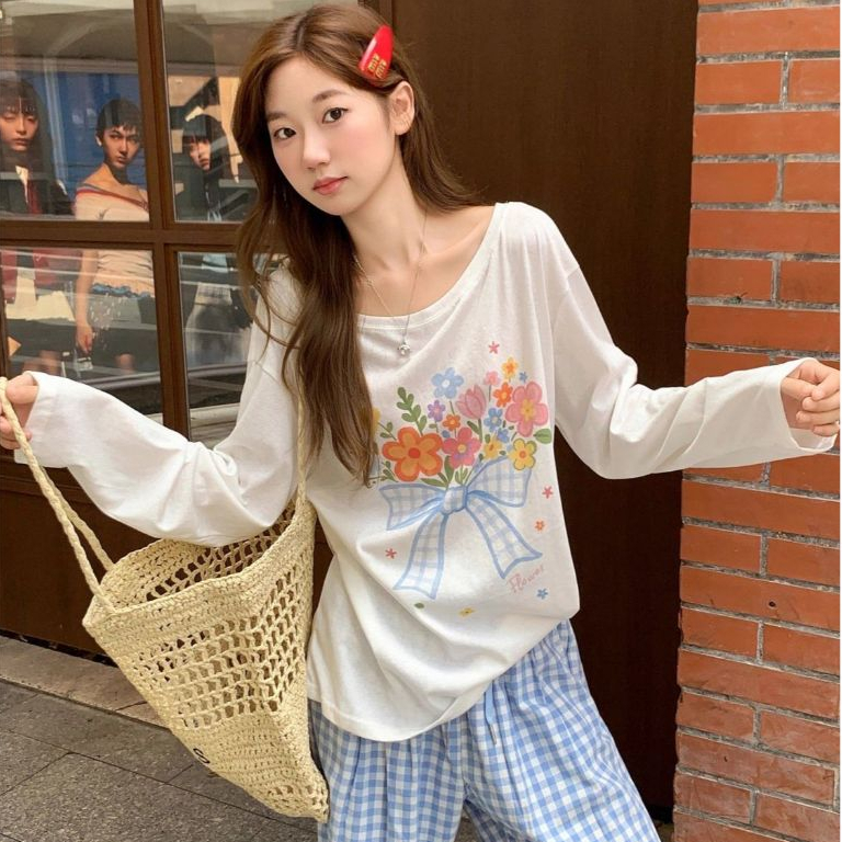 เสื้อยืดผู้หญิงแขนยาว บางเบา กันแดด พิมพ์ลาย ทรงหลวม แฟชั่นฤดูร้อน