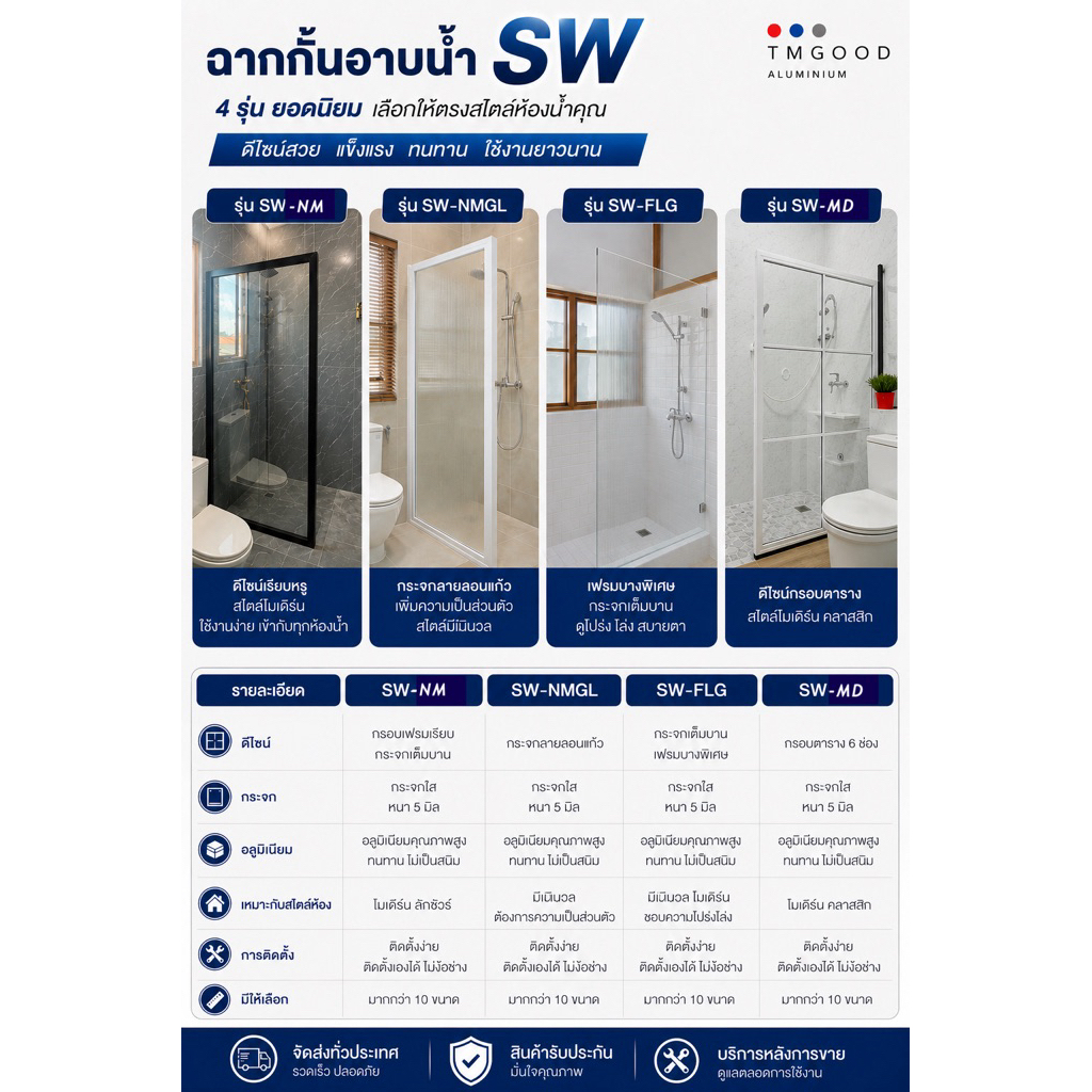 ฉากกั้นอาบน้ำ รุ่น SW-NM และ SW-MD มีให้เลือกมากกว่า 10 ขนาด สินค้าสำเร็จรูป ติดตั้งง่าย พร้อมอุปกรณ์ติดตั้ง