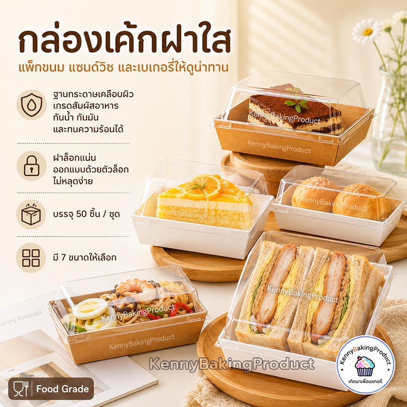 🌈ส่งฟรี🌈  กล่องเค้ก 100ชิ้น 2สี (ขาว/น้ำตาล) 5ขนาด! กล่องเค้กฝาใส กล่องขนม Snack box กล่องเค้กใส