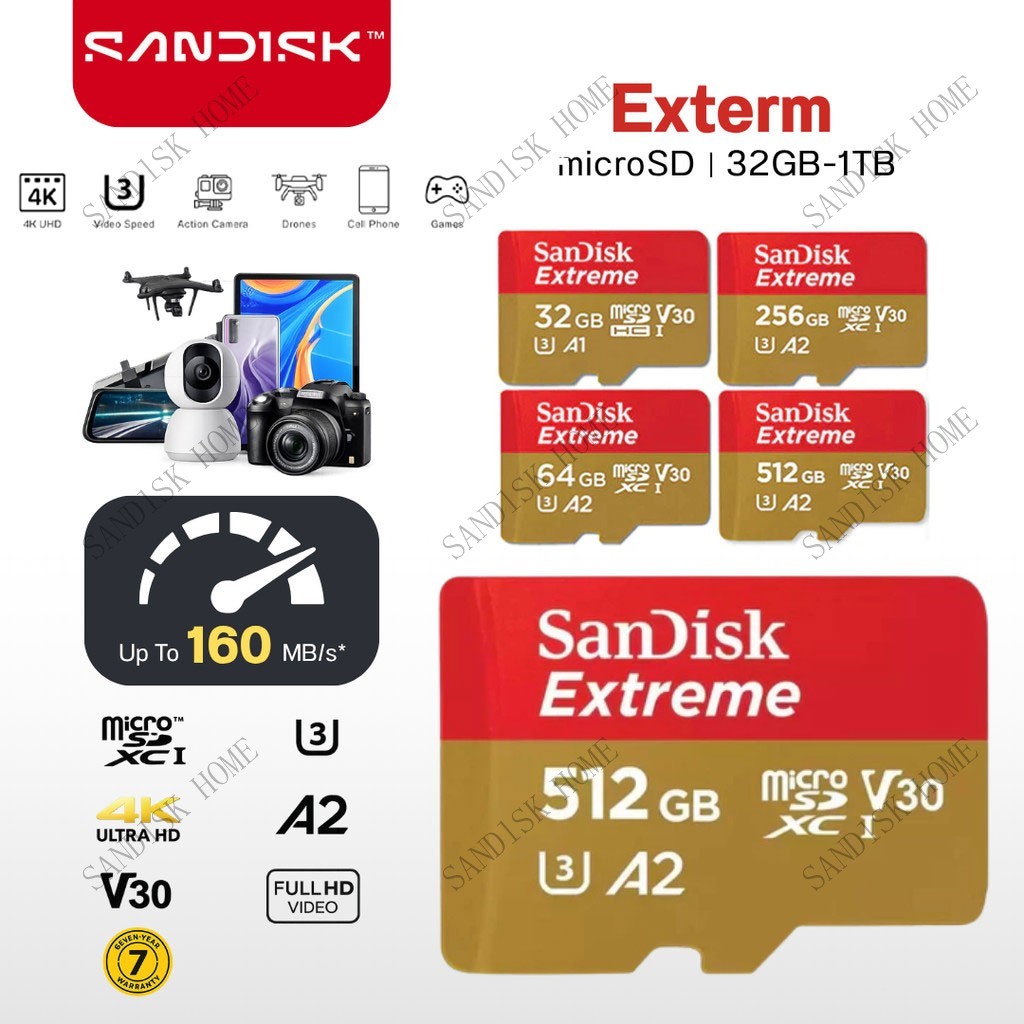 Sandisk Extreme micro SDcard 32GB/64GB/128GB/256GB/512GB/1TB การ์ดหน่วยความจำ A2 V30 อะแดปเตอร์