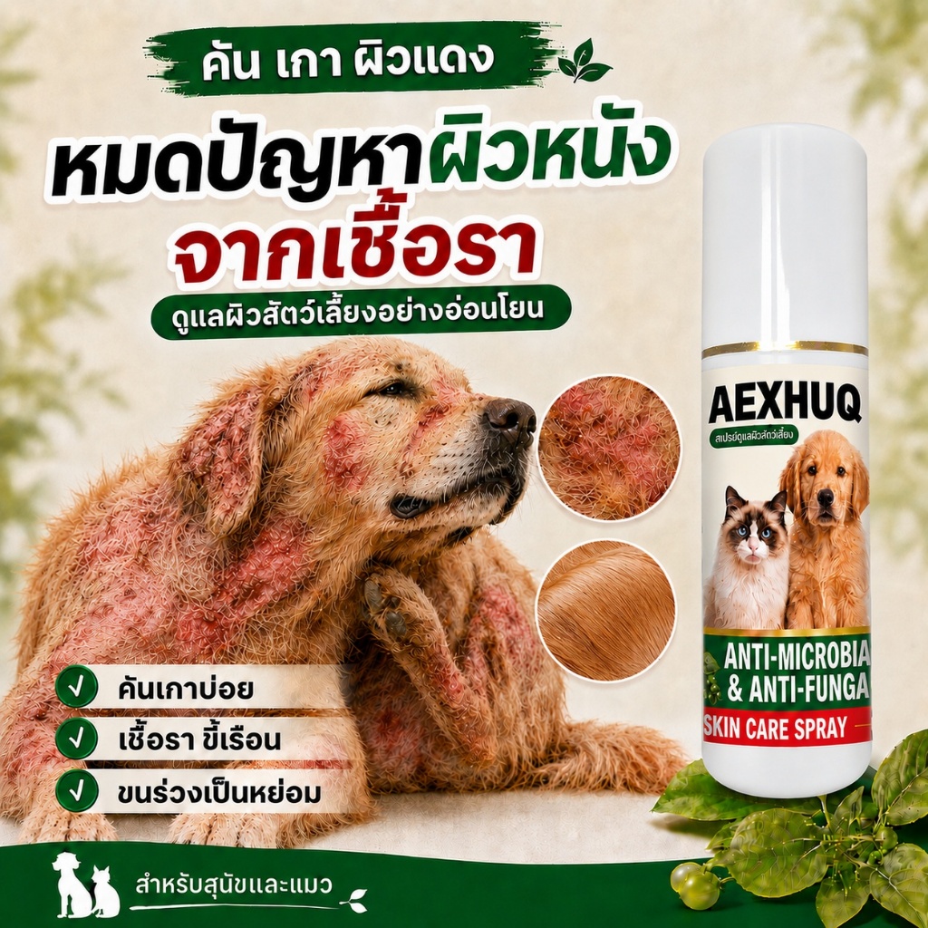 AEXHUQ สเปรย์สุนัข แมว ครบจบ เชื้อรา ขี้เรื้อน คัน ขนร่วง ผื่นแดง ต้านเชื้อรา แบคทีเรีย สูตรสัตว์เลี้ยง