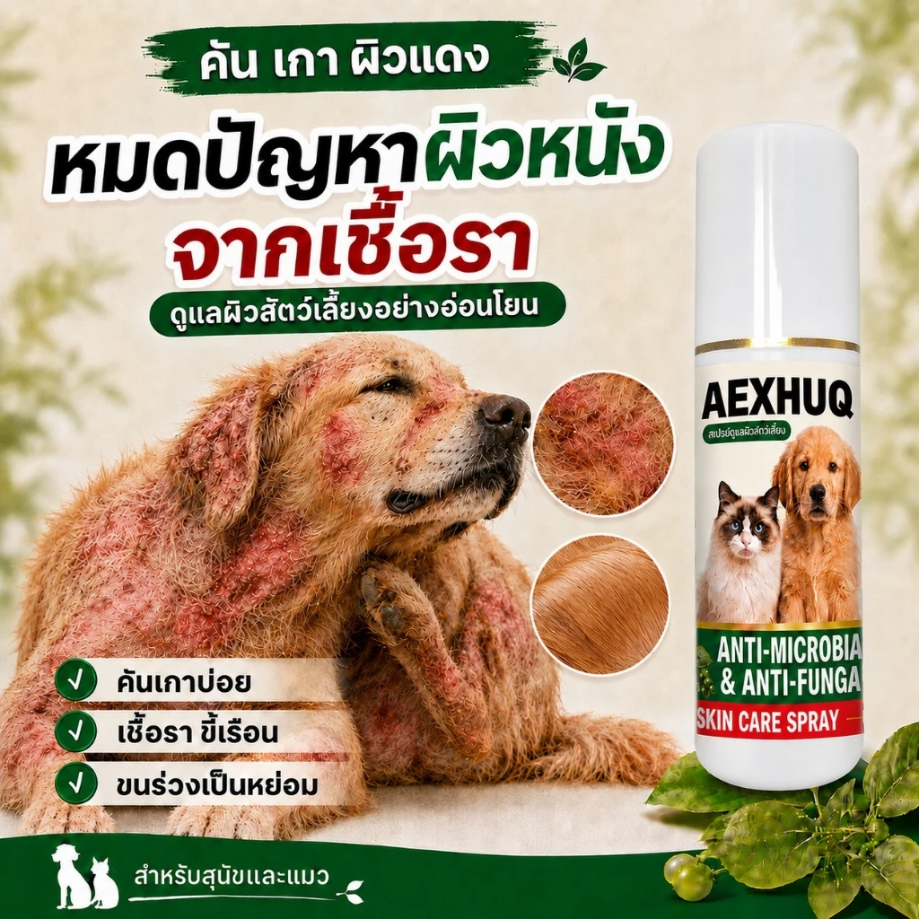AEXHUQ สเปรย์สุนัข แมว ครบจบ เชื้อรา ขี้เรื้อน คัน ขนร่วง ผื่นแดง ต้านเชื้อรา แบคทีเรีย สูตรสัตว์เลี้ยง