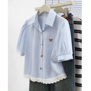 Red Berryเสื้อเชิ้ตแขนสั้นลายทางสีฟ้าสไตล์เกาหลีสำหรับผู้หญิง เสื้อฤดูร้อน เสื้อเชิ้ตลดอายุ W635
