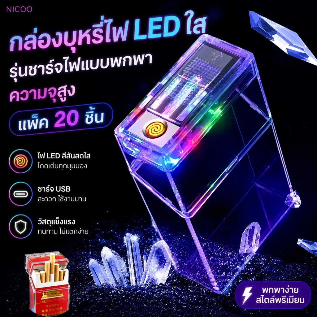 ส่งจากไทย🚚 กล่องบุหรี่ใสรุ้ง, ไฟแช็คชาร์จได้แบบพกพา, กันน้ำ, ปกป้องกล่องบุหรี่, เหมาะสำหรับซองนุ่มและซองแข็ง